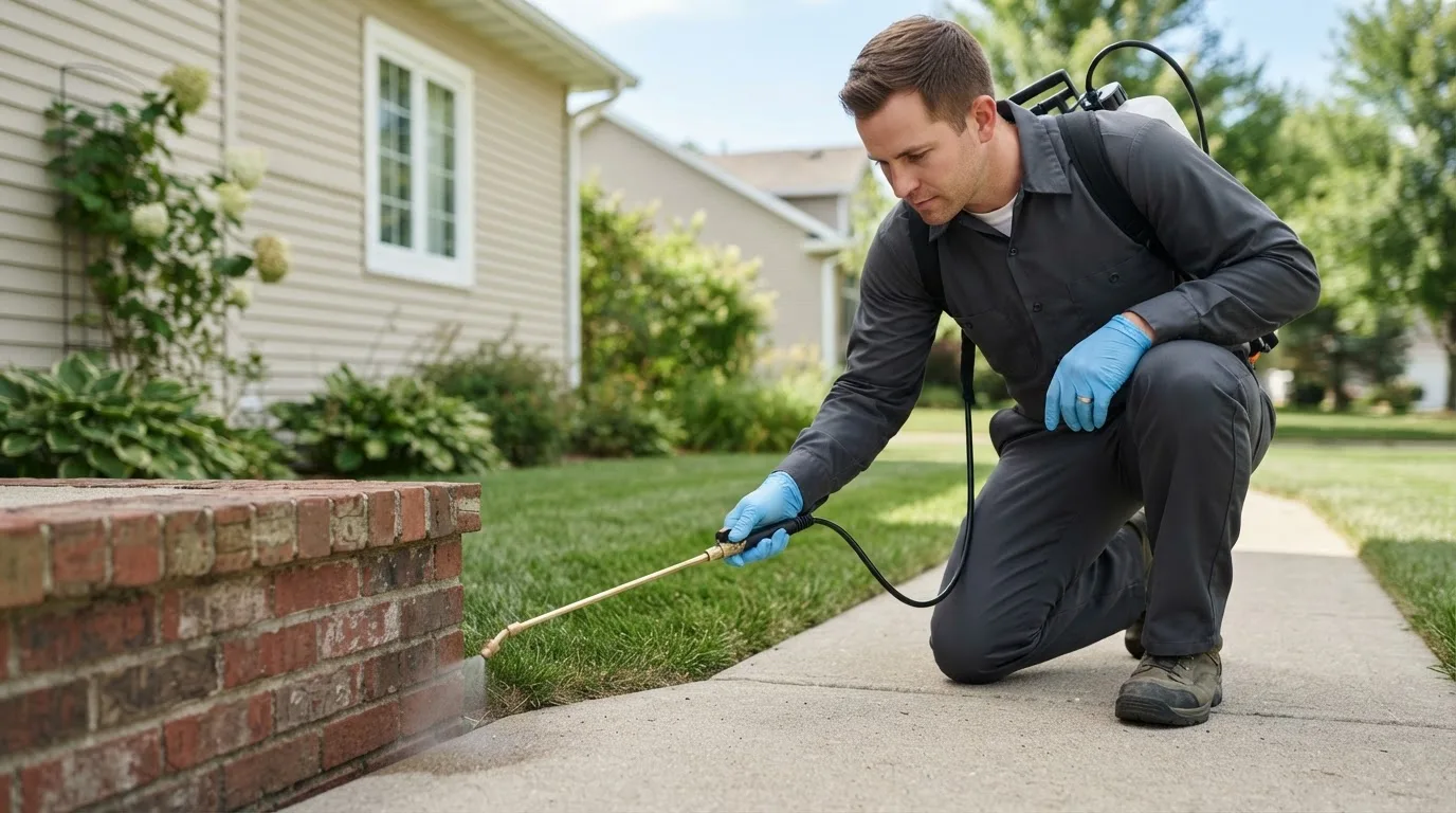 Pest control technician treating a home near Ladoga, IN