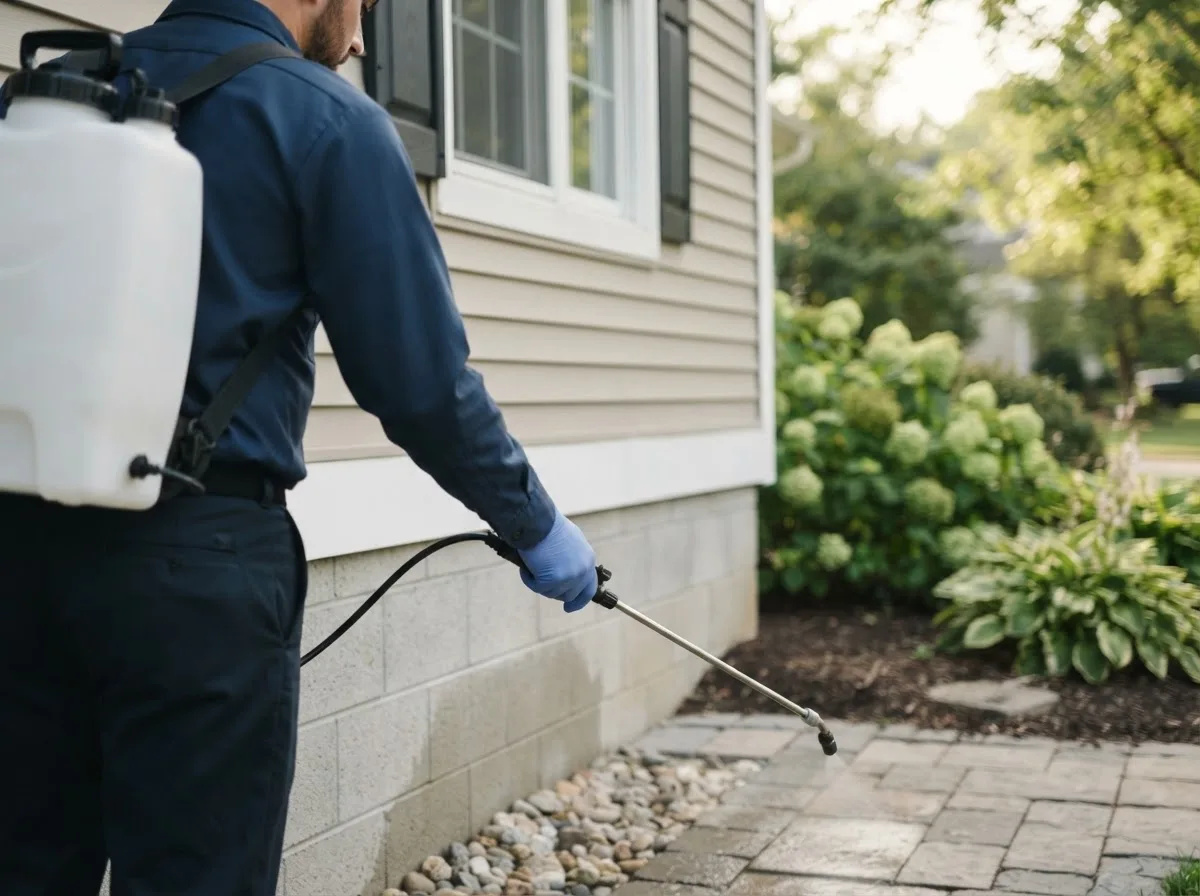 Pest control technician inspecting a home in Ladoga, IN